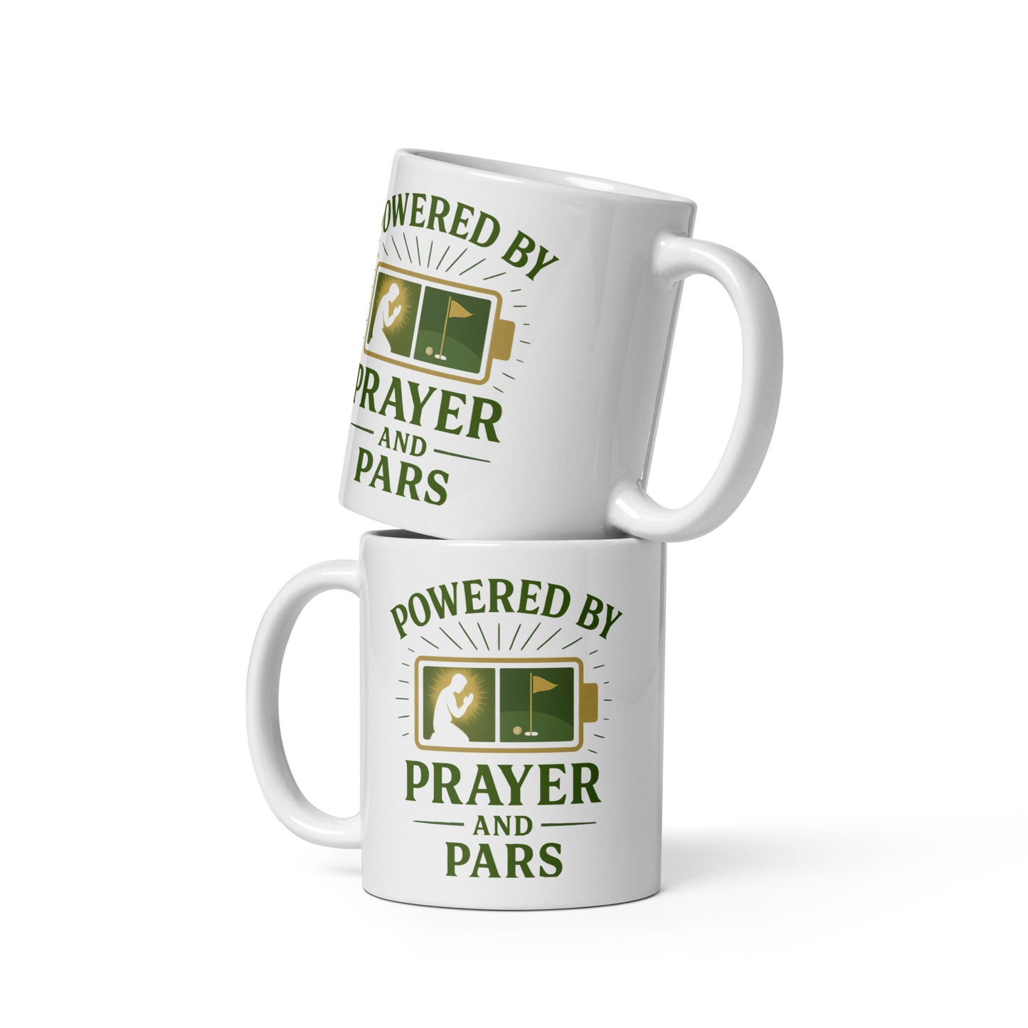 11oz mug with powered by prayer and pars bold artwork