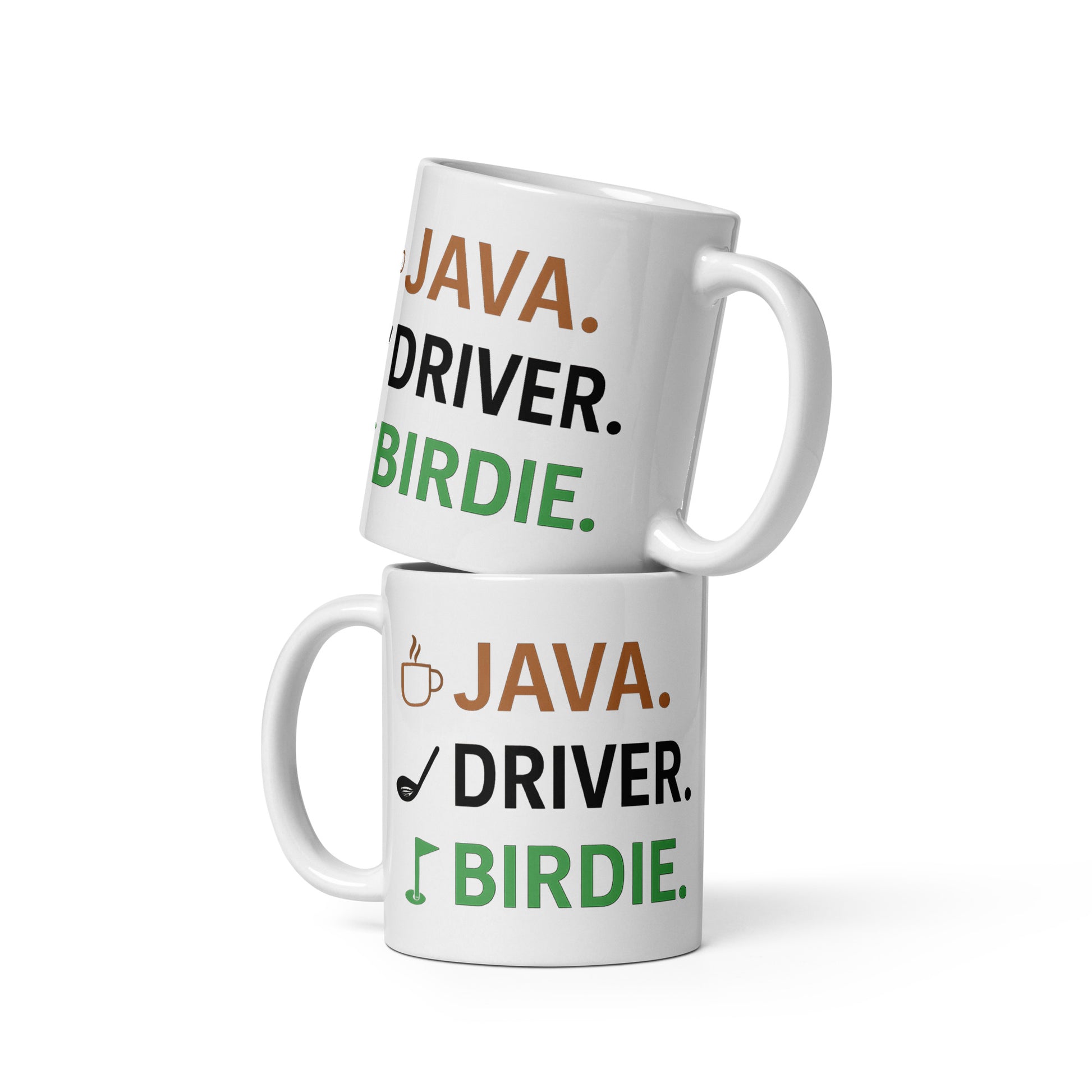 11oz mug with JAVA DRIVER BIRDIE green and tan print
