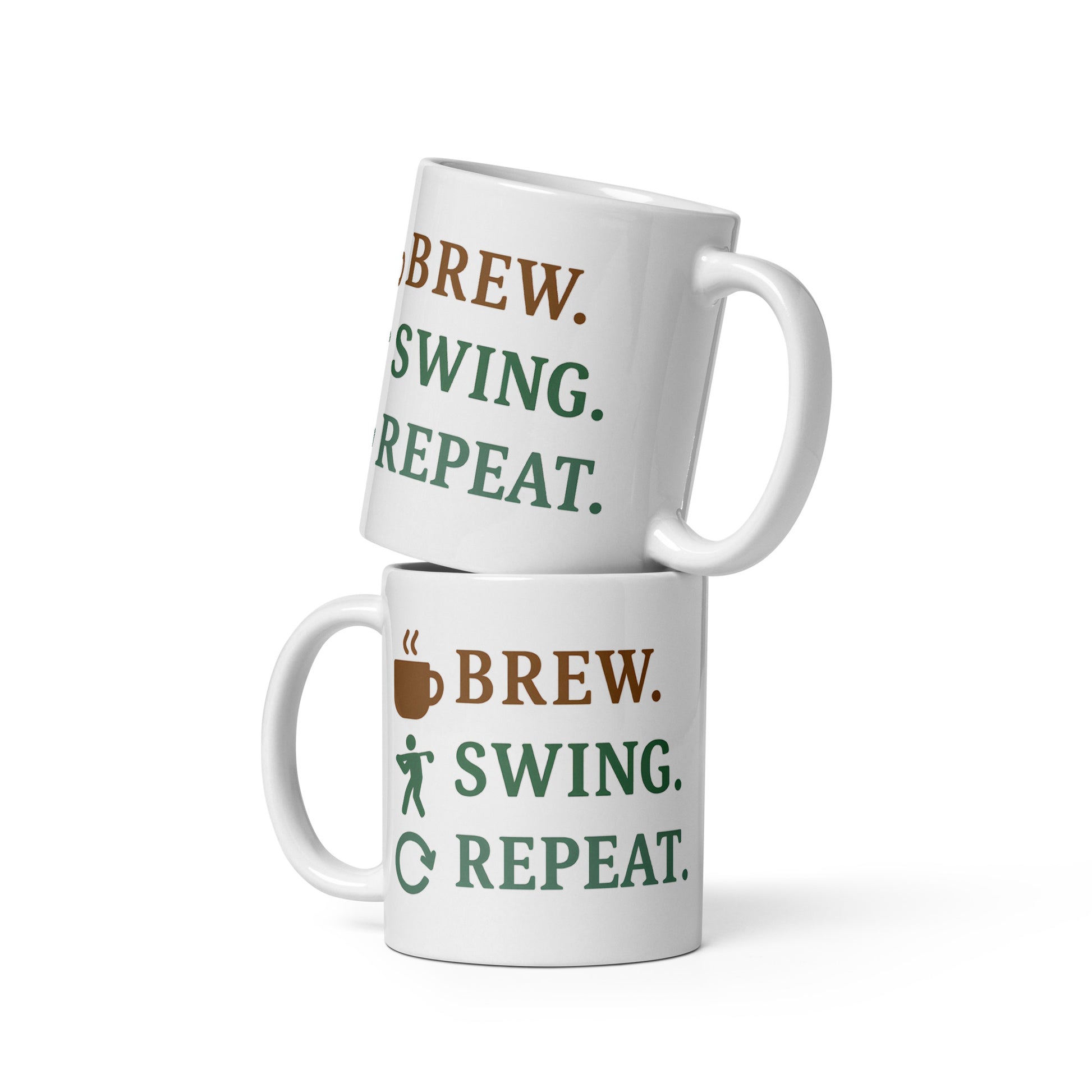 11oz coffee mug featuring BREW SWING REPEAT in colored icons