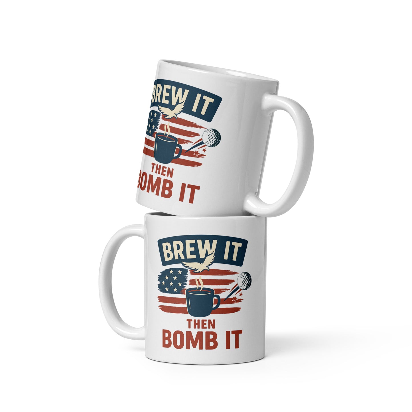 11oz mug featuring eagle, cup, and golf ball flying through flag