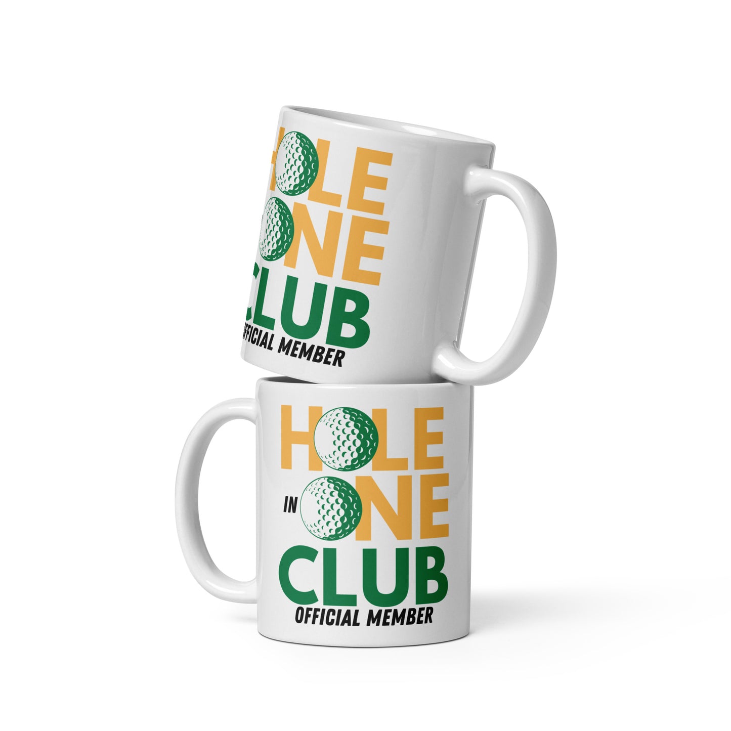 11oz mug featuring “Hole in One Club” layout with golf balls as letters
