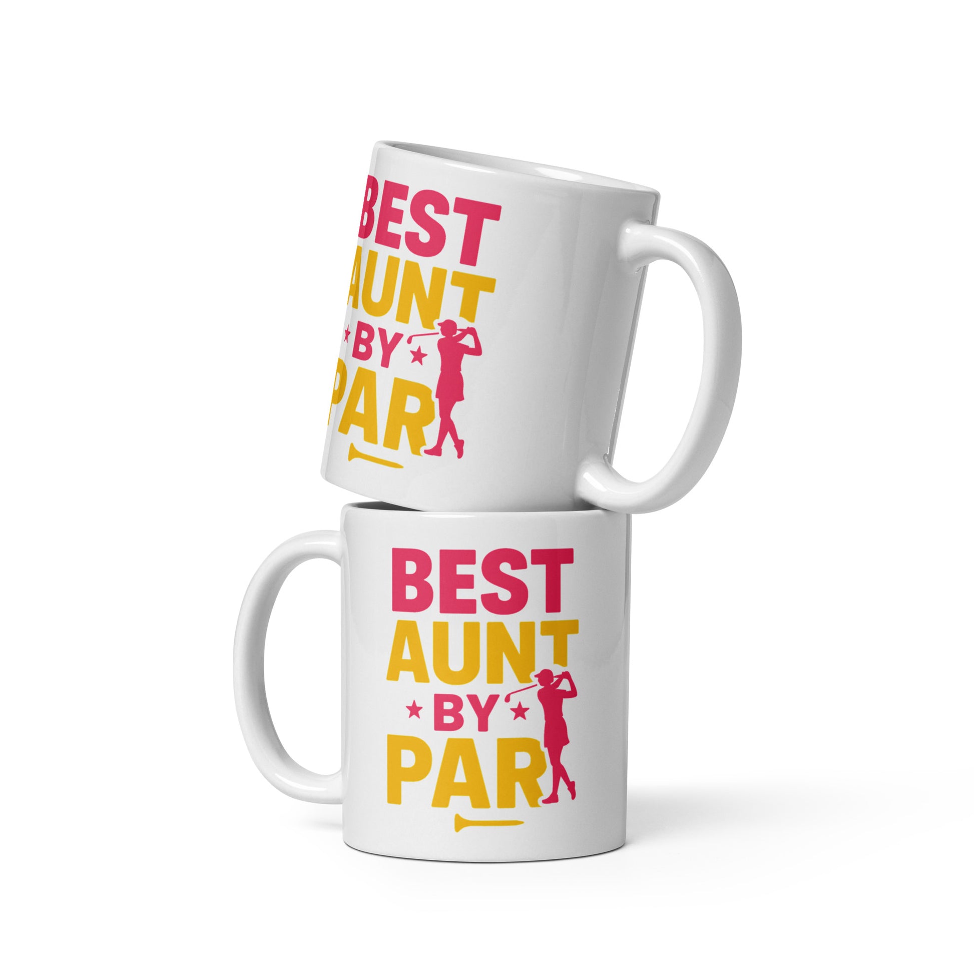 Best aunt by par 11oz white ceramic mug bold pink yellow golf design front view