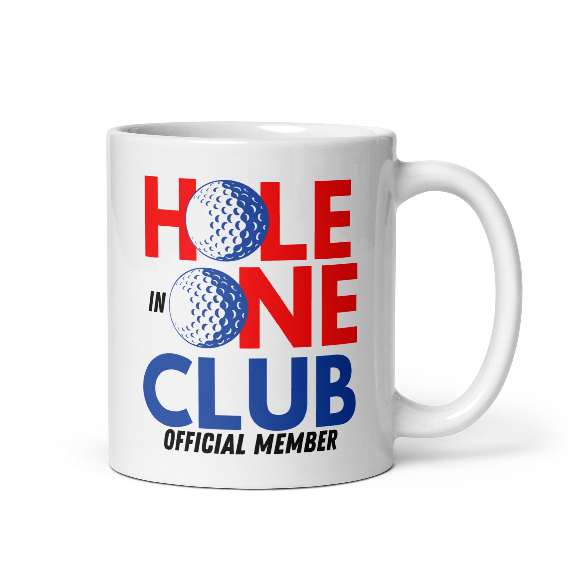 ceramic mug with hole in one club design front view