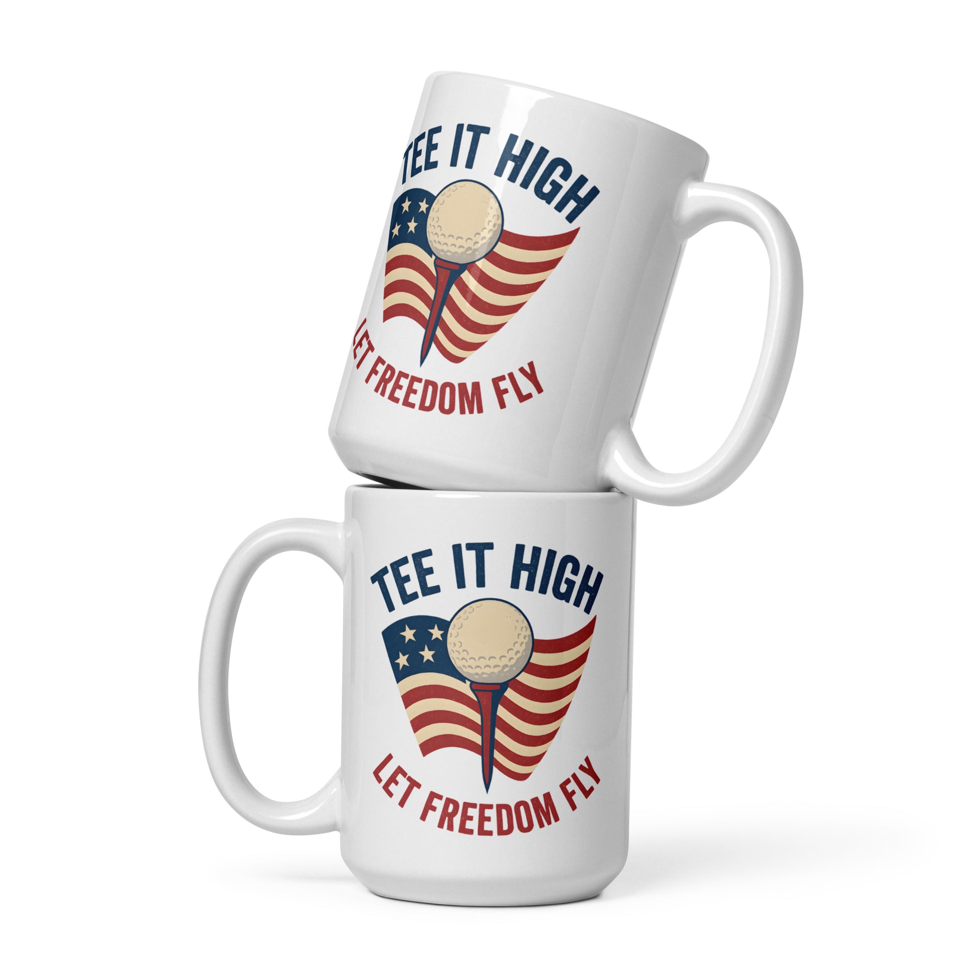 Golf ball and tee over waving American flag graphic on white ceramic mug