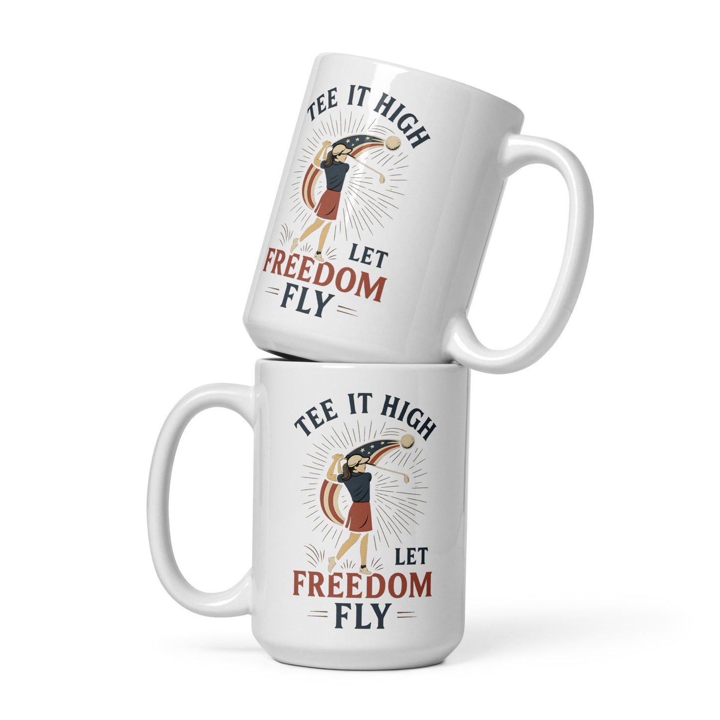 Female golfer silhouette with patriotic ribbon printed on white coffee mug