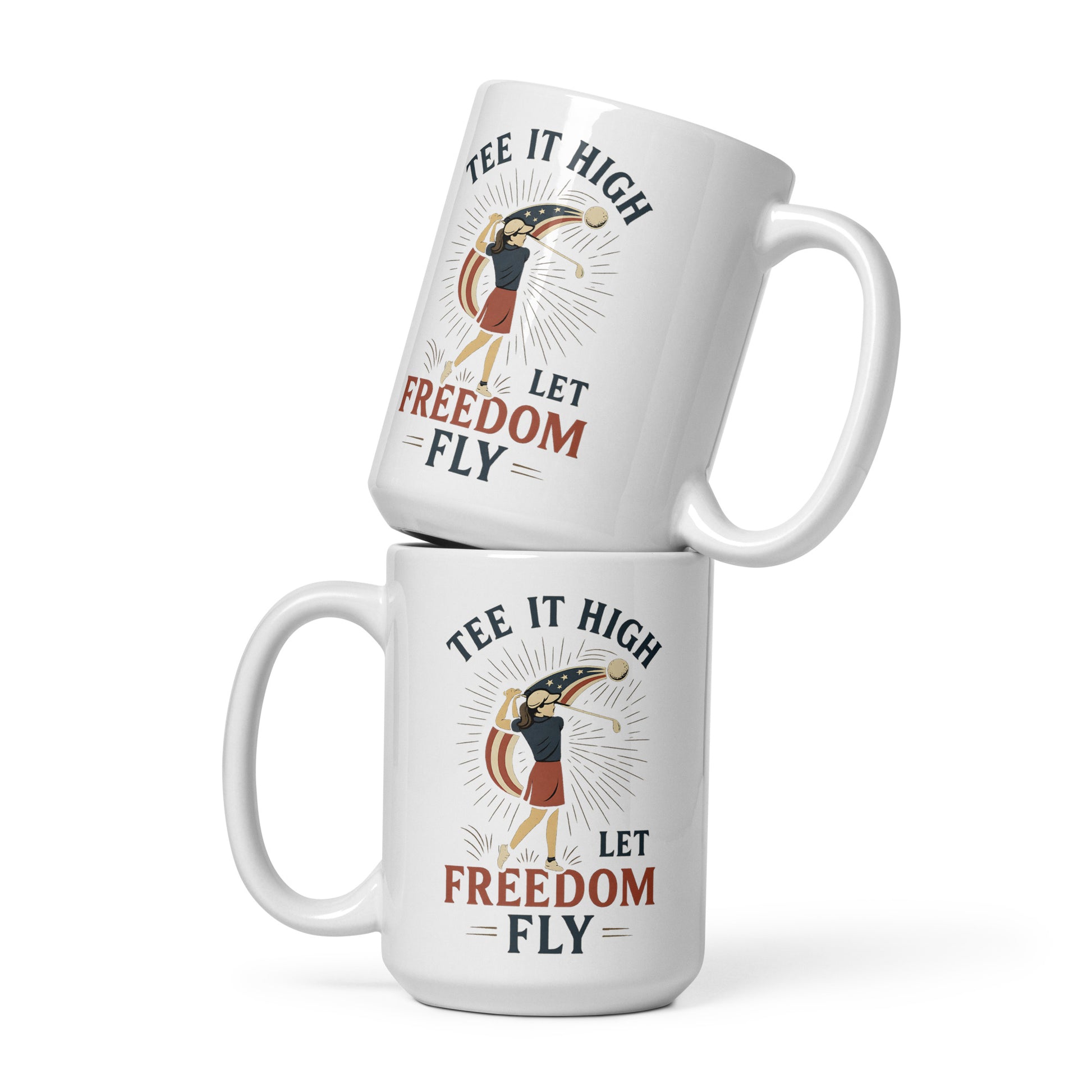 Female golfer silhouette with patriotic ribbon printed on white coffee mug
