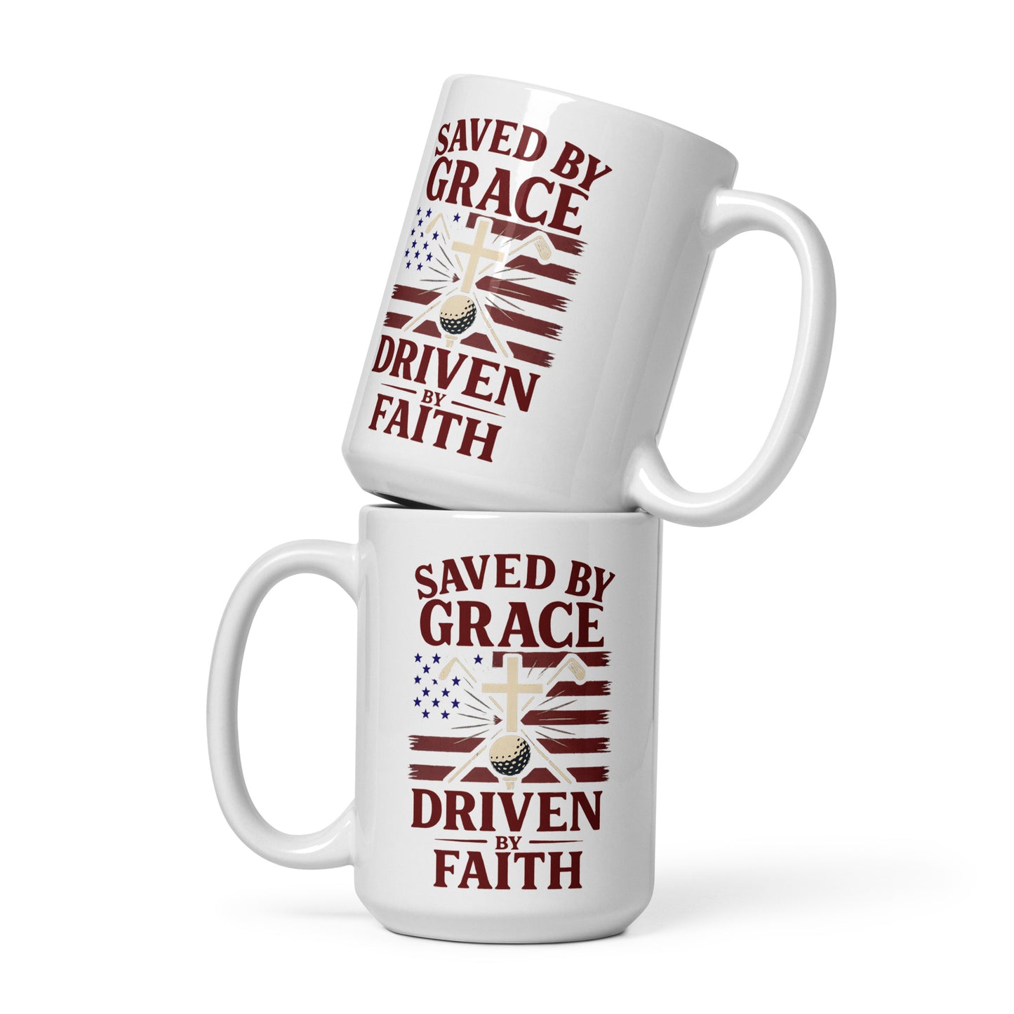 15oz ceramic mug showing faith and golf message in bold colors