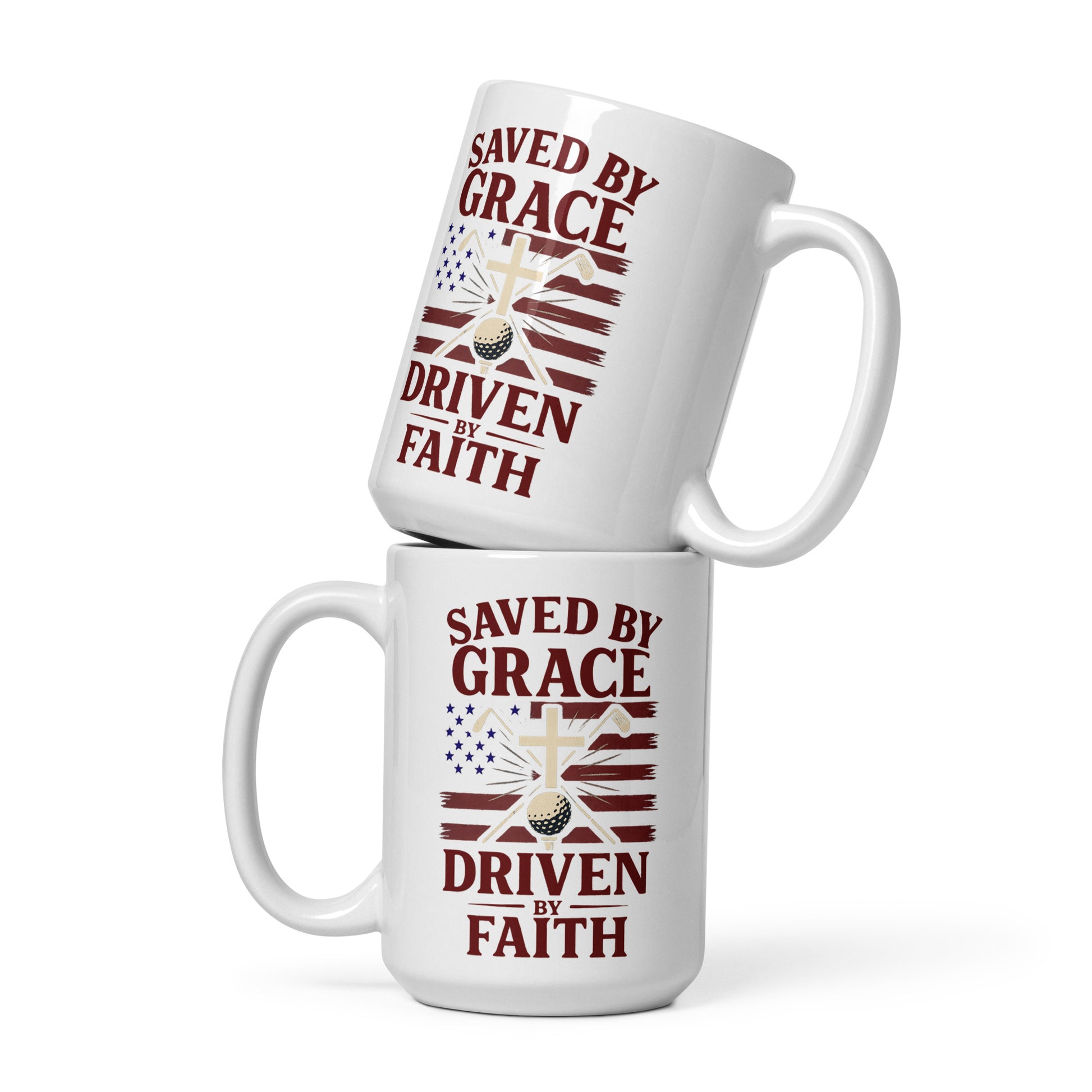 15oz ceramic mug showing faith and golf message in bold colors