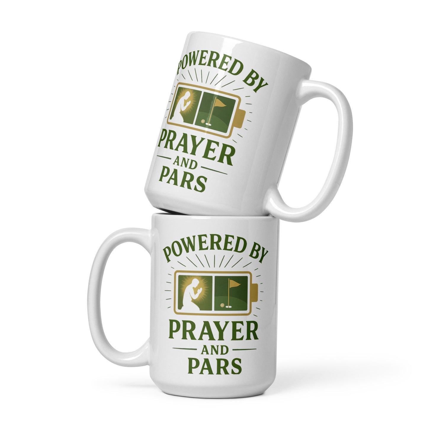 15oz mug showing golf hole and praying figure inside battery icon