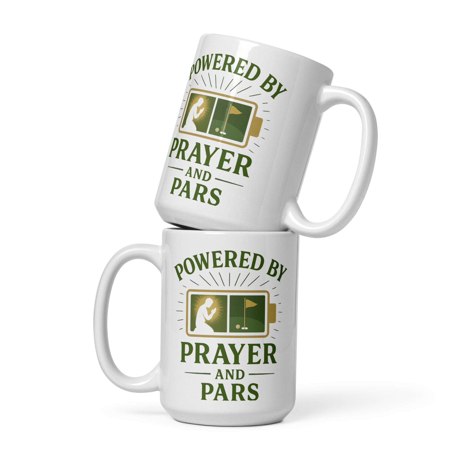 15oz mug showing golf hole and praying figure inside battery icon