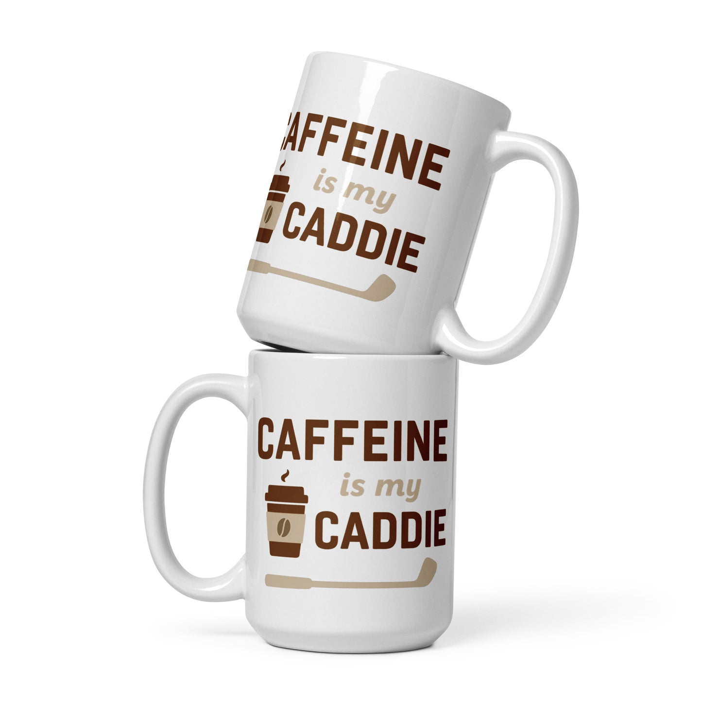 15oz mug with bold caffeine quote and golf club icon