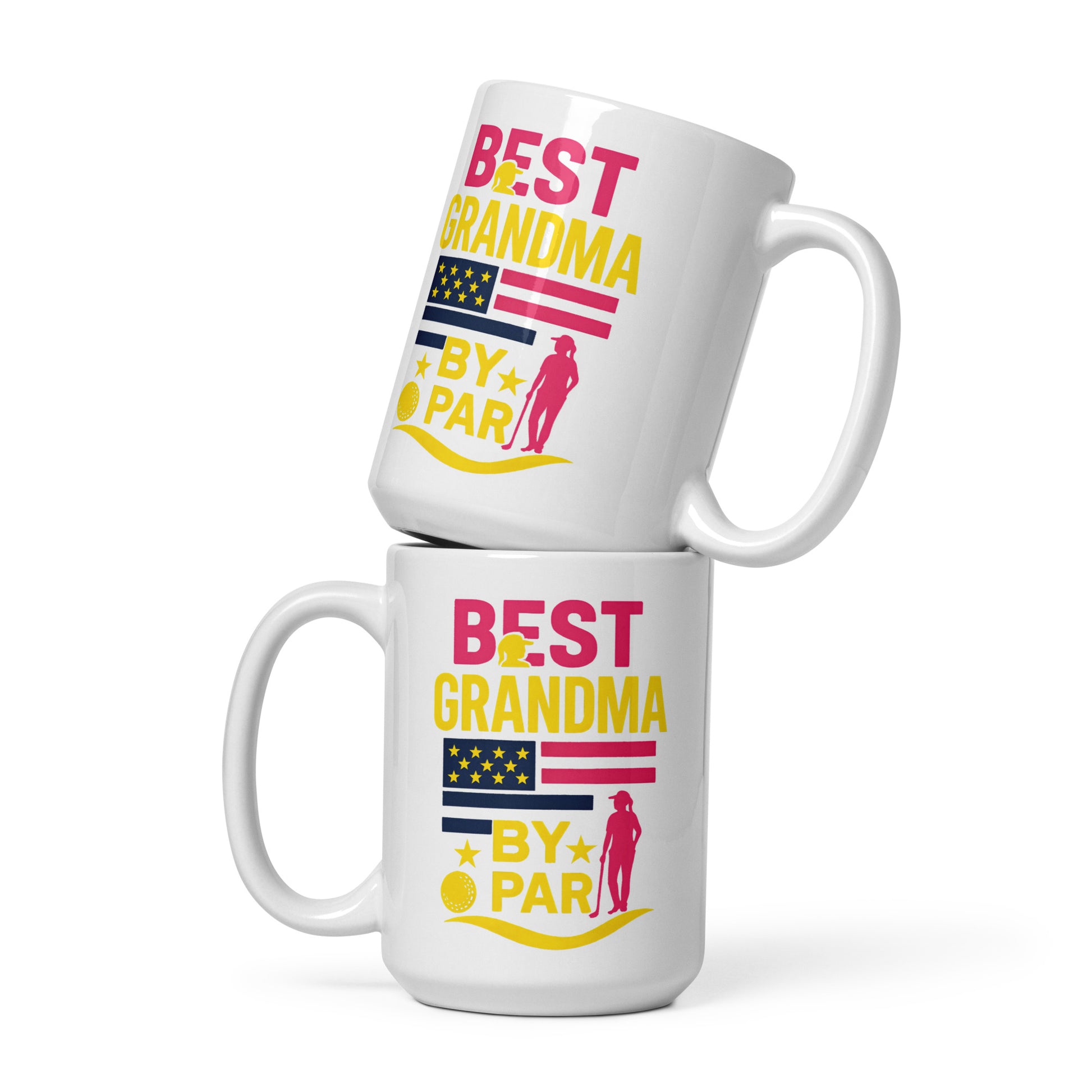 Golf grandma ceramic mug best by par patriotic pink yellow navy design