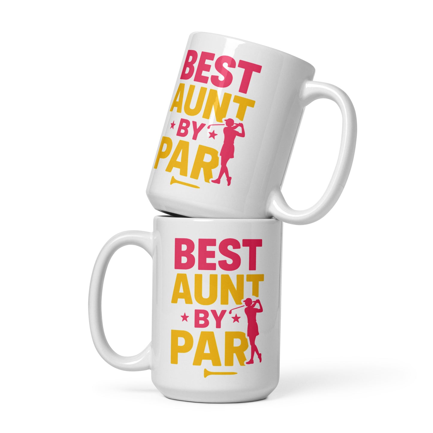 Best aunt by par 15oz coffee mug female golfer silhouette pink yellow lettering