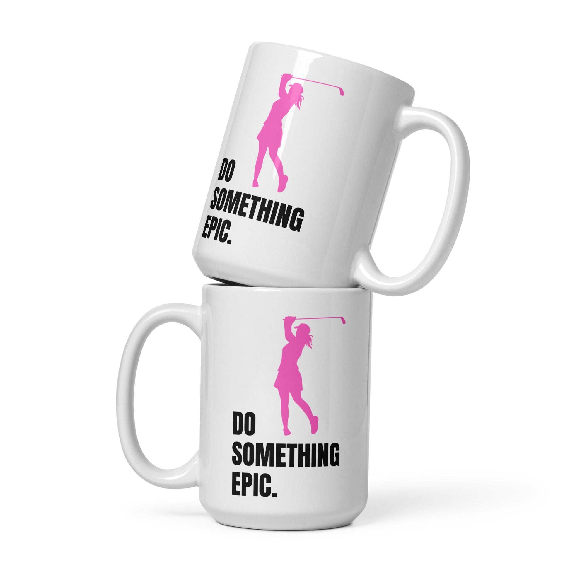 Do something epic 15oz white ceramic mug pink female golfer silhouette front view