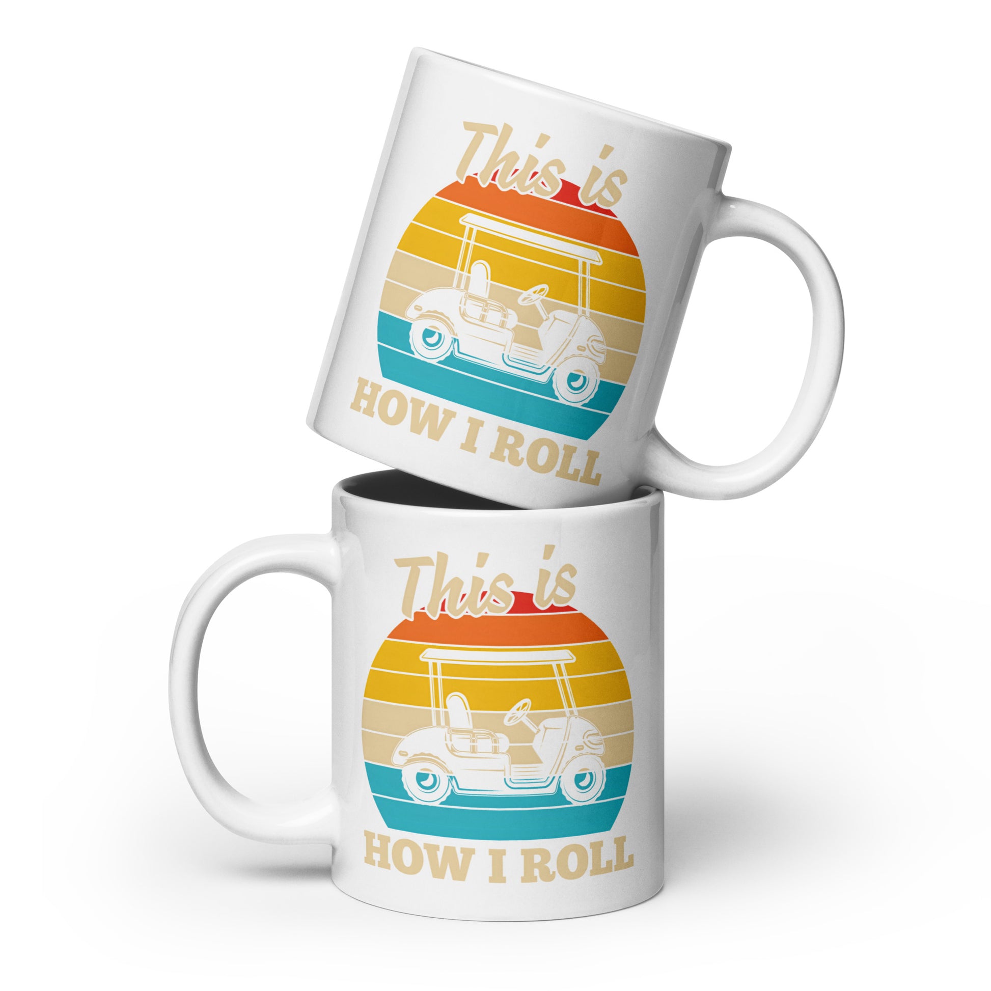 20oz ceramic mug showing colorful golf cart silhouette scene