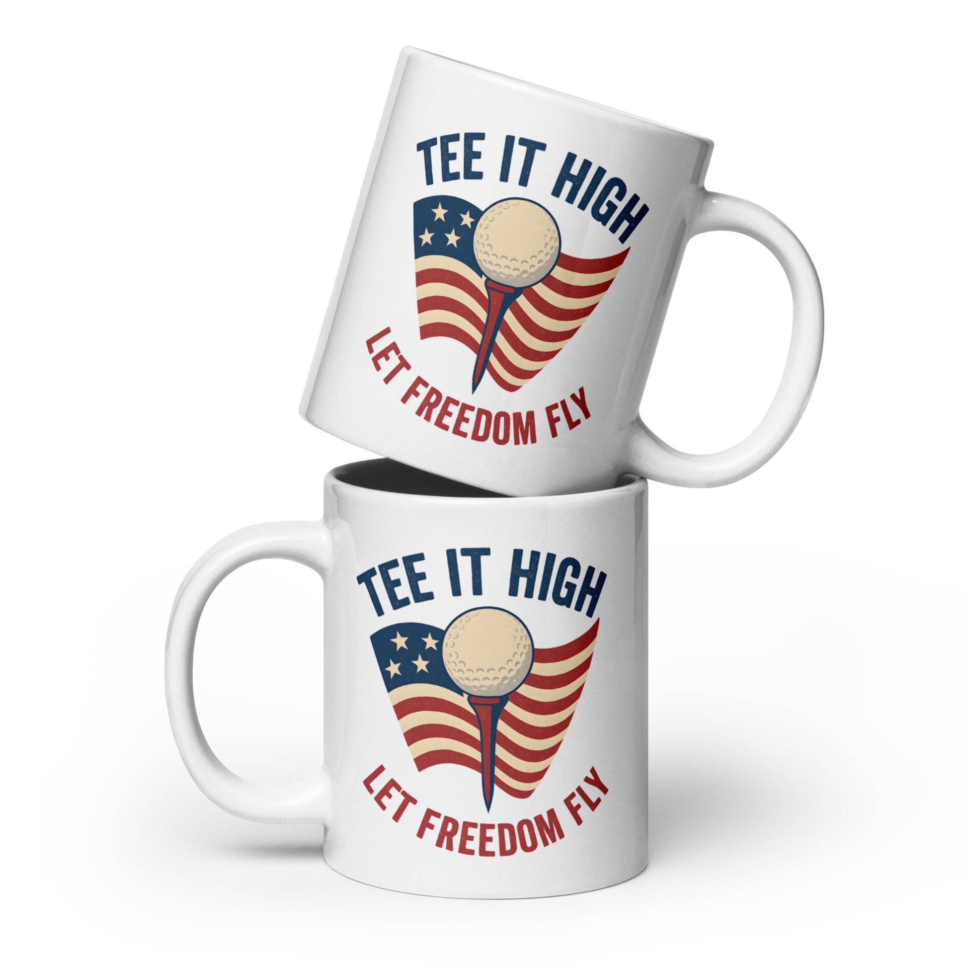 Patriotic golfer gift mug with bold red, white, and blue artwork
