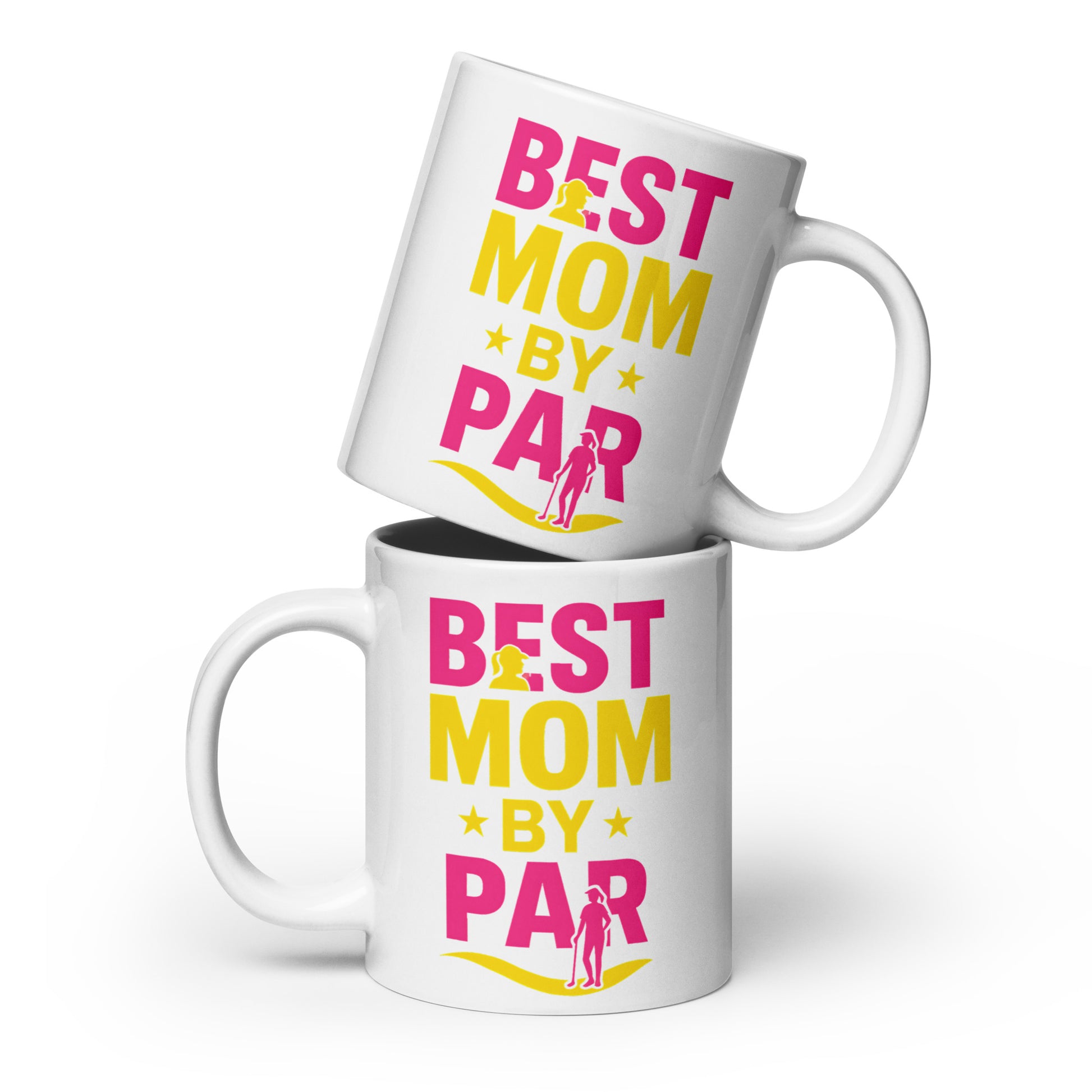 Golf coffee mug with pink silhouette of mom golfer