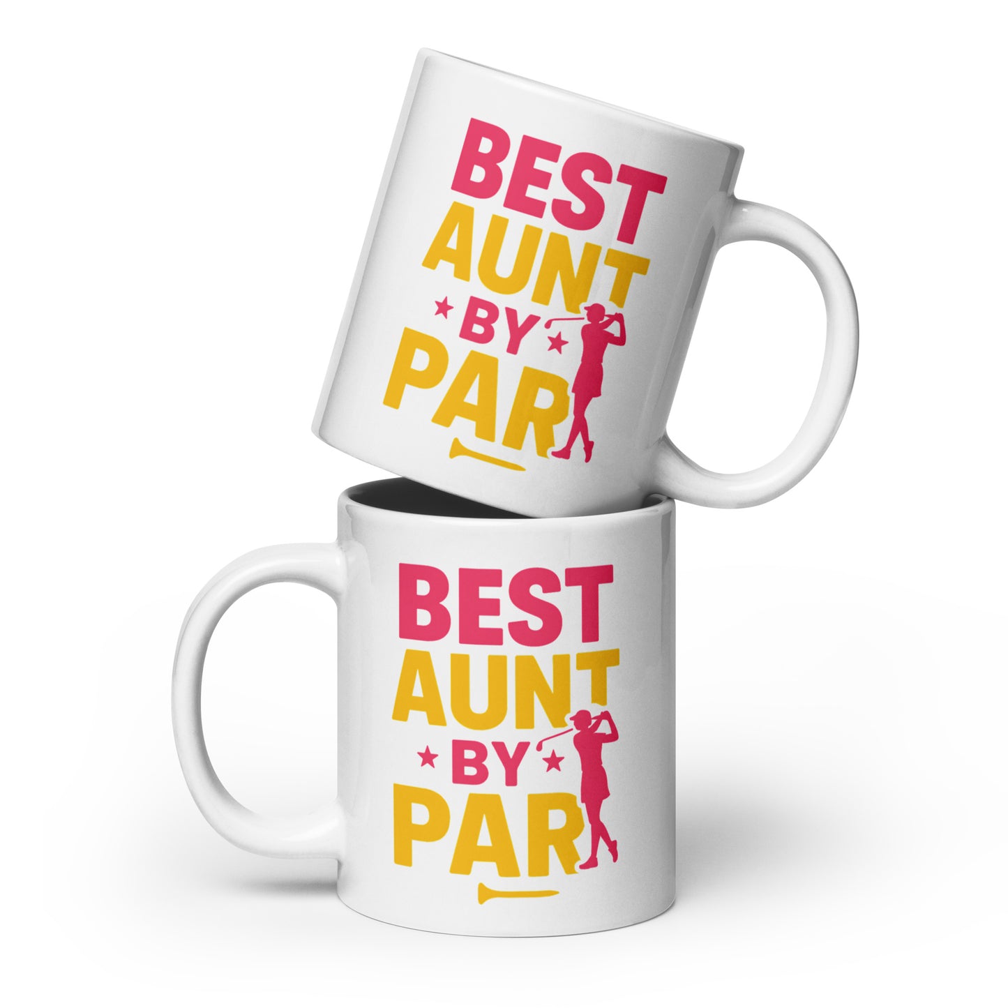 Best aunt by par 20oz white ceramic mug bold pink yellow golf design front view