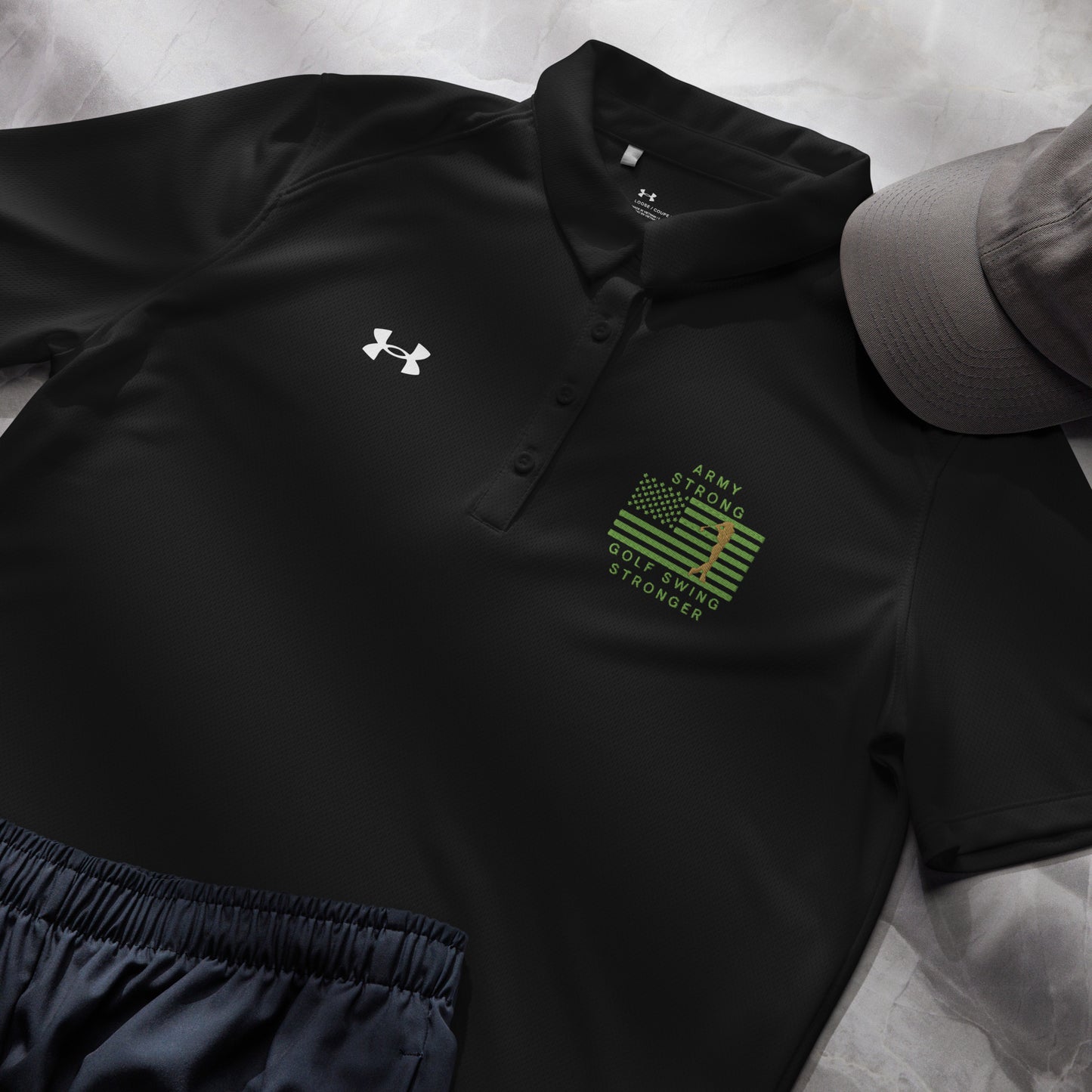 Black performance golf polo for women with Army Strong Golf Swing Stronger artwork