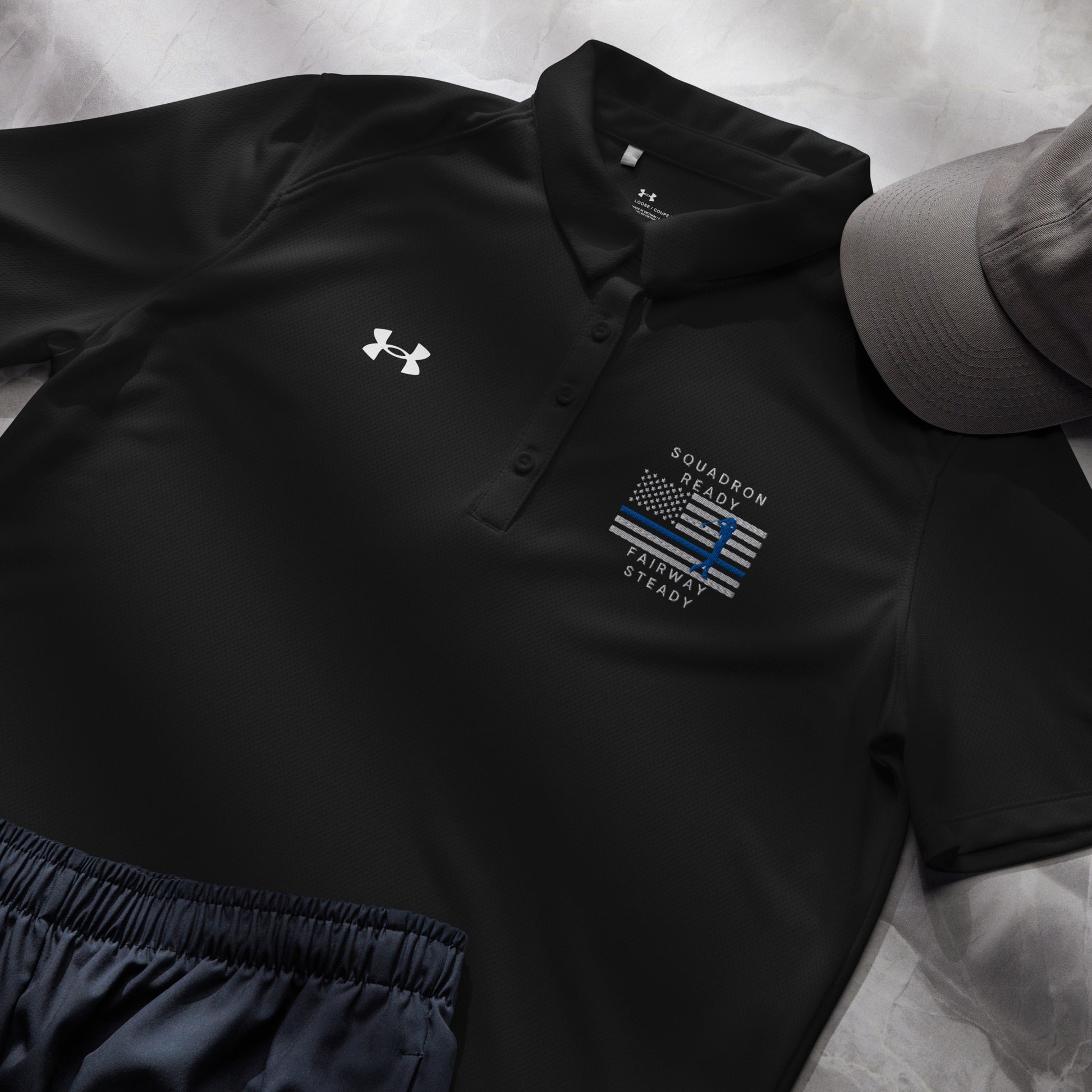 Black Air Force women’s golf polo featuring Squadron Ready Fairway Steady graphic