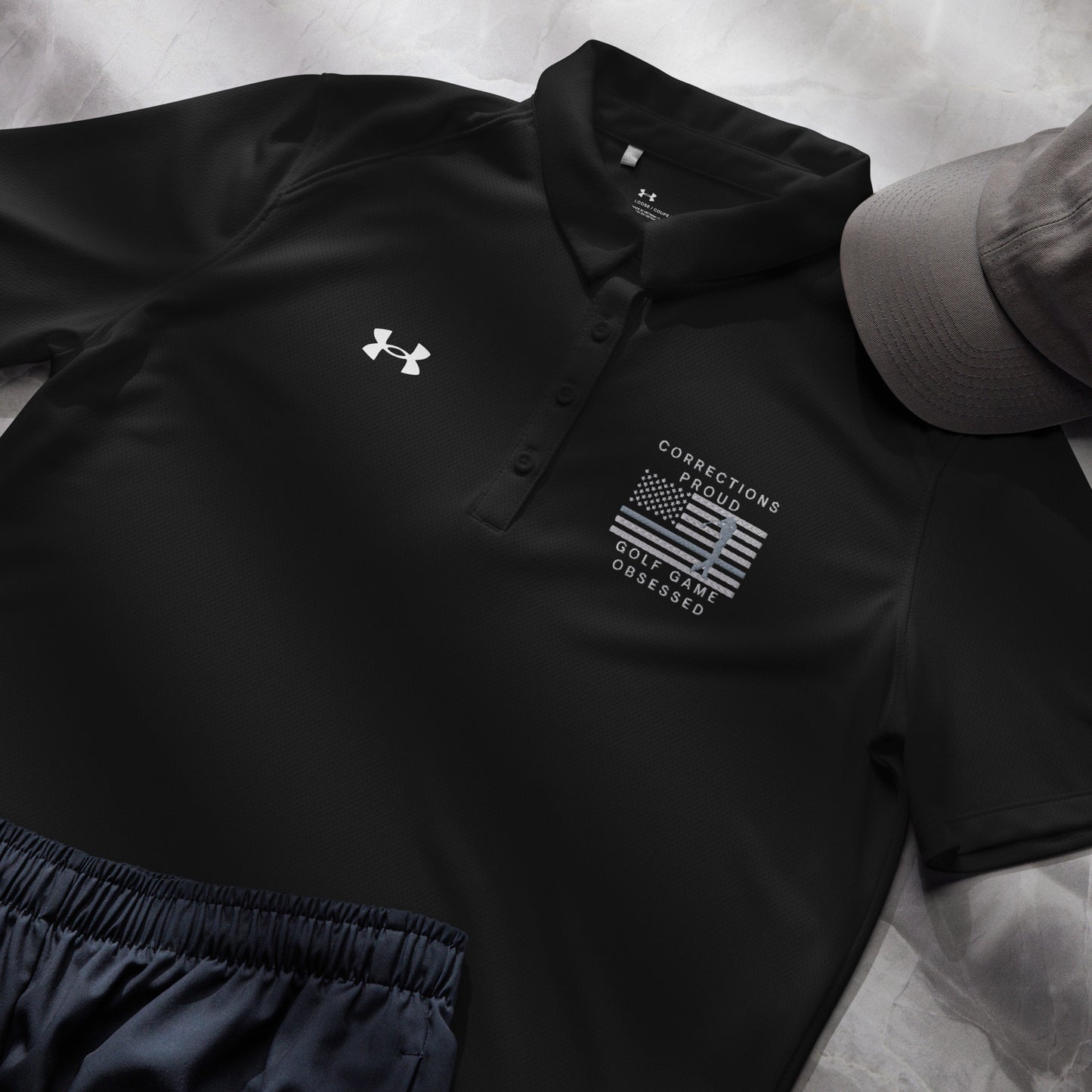 Black women's Under Armour golf polo with Corrections Proud Golf Game Obsessed design