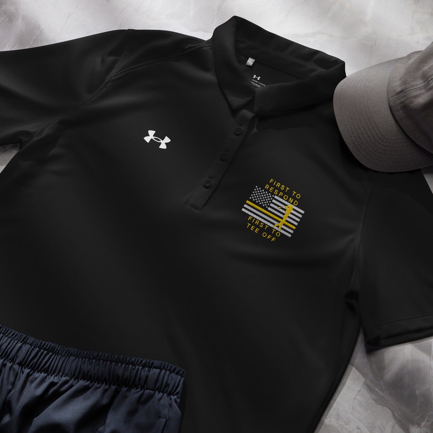 Black first responder women's polo with patriotic chest artwork and golf slogan