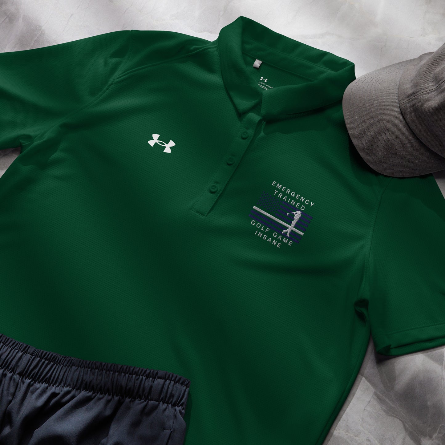 Forest green women's Under Armour golf polo with Emergency Trained Golf Game Insane design