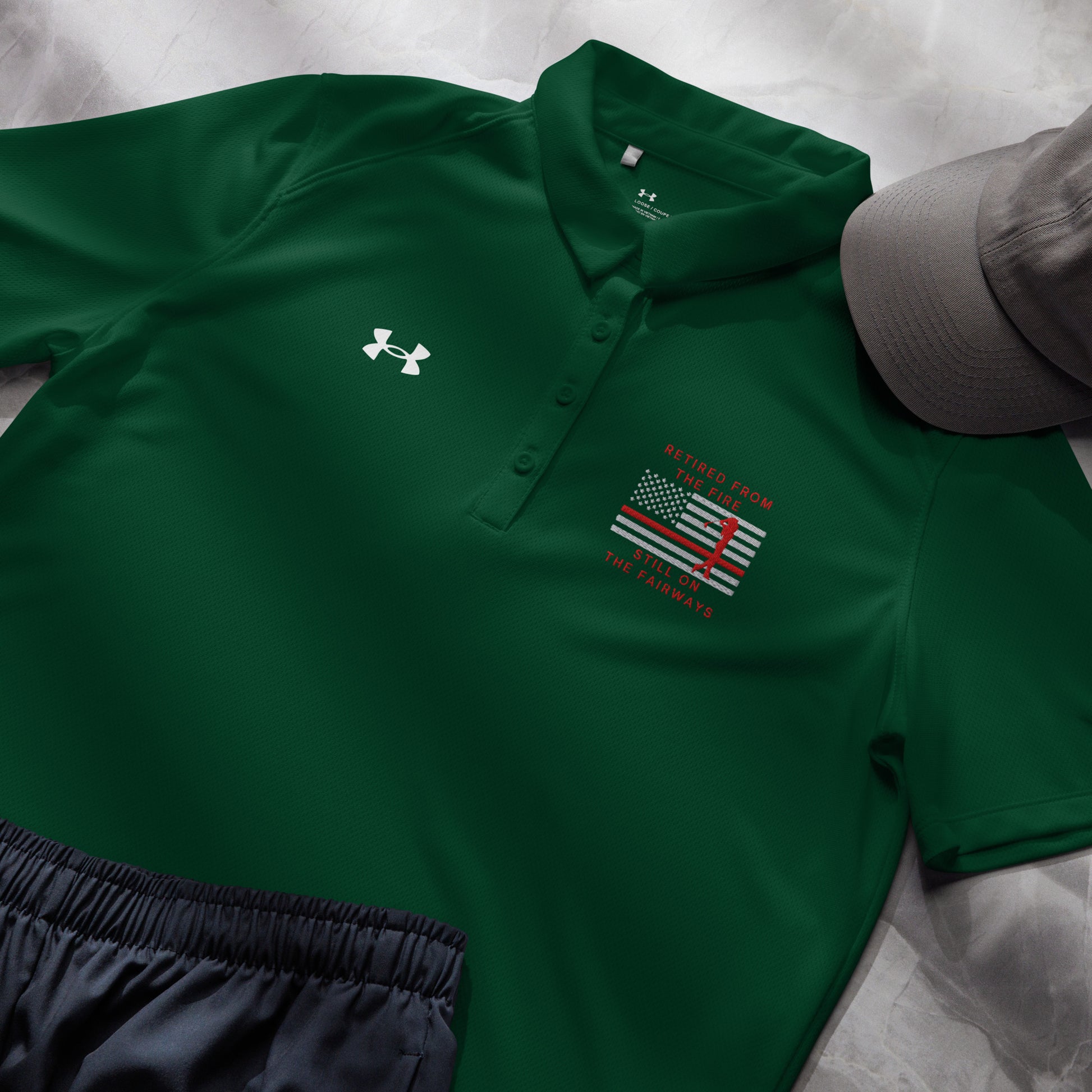 Forest green women's Under Armour polo firefighter retirement golf design