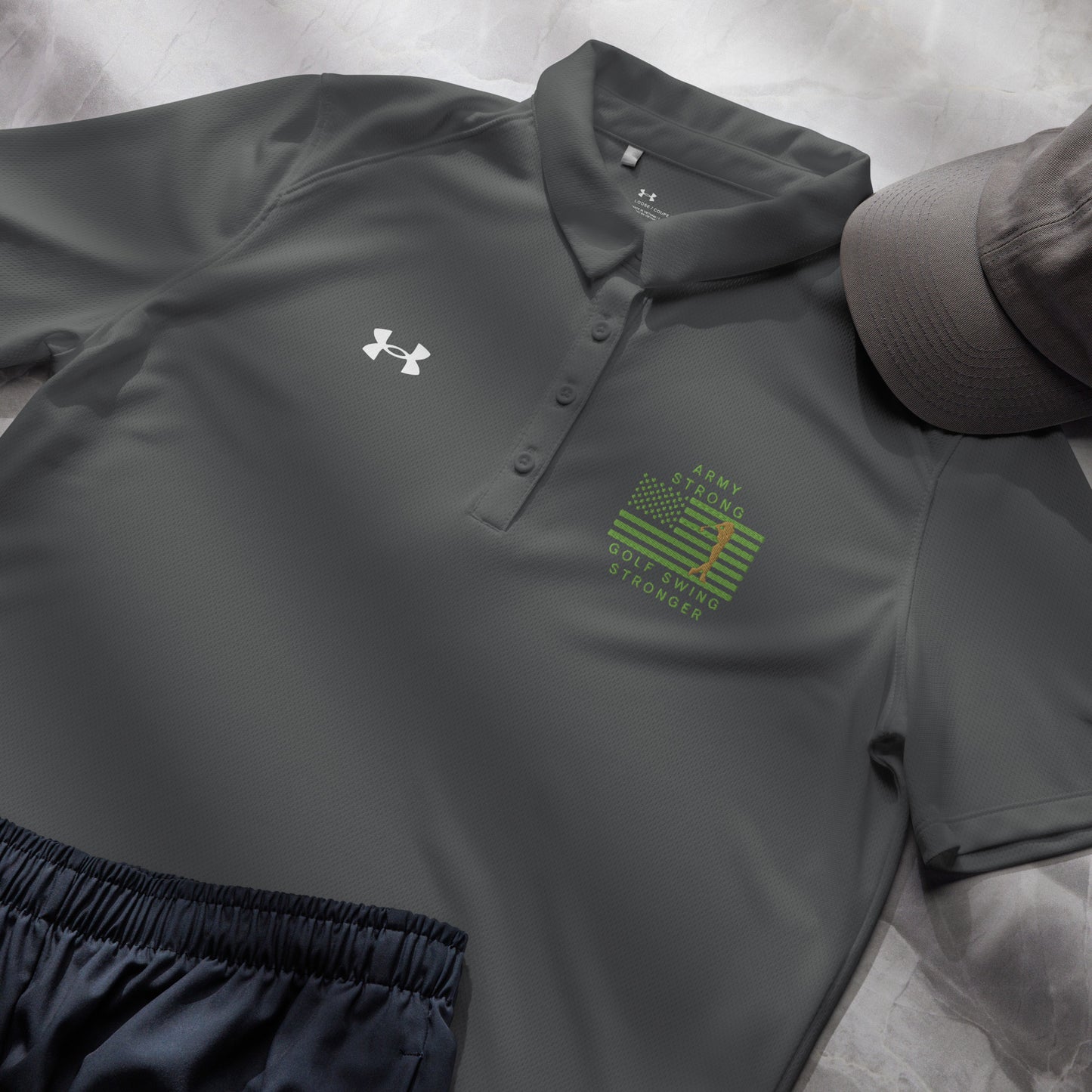 Grey ladies performance golf shirt with patriotic Army golfer chest graphic