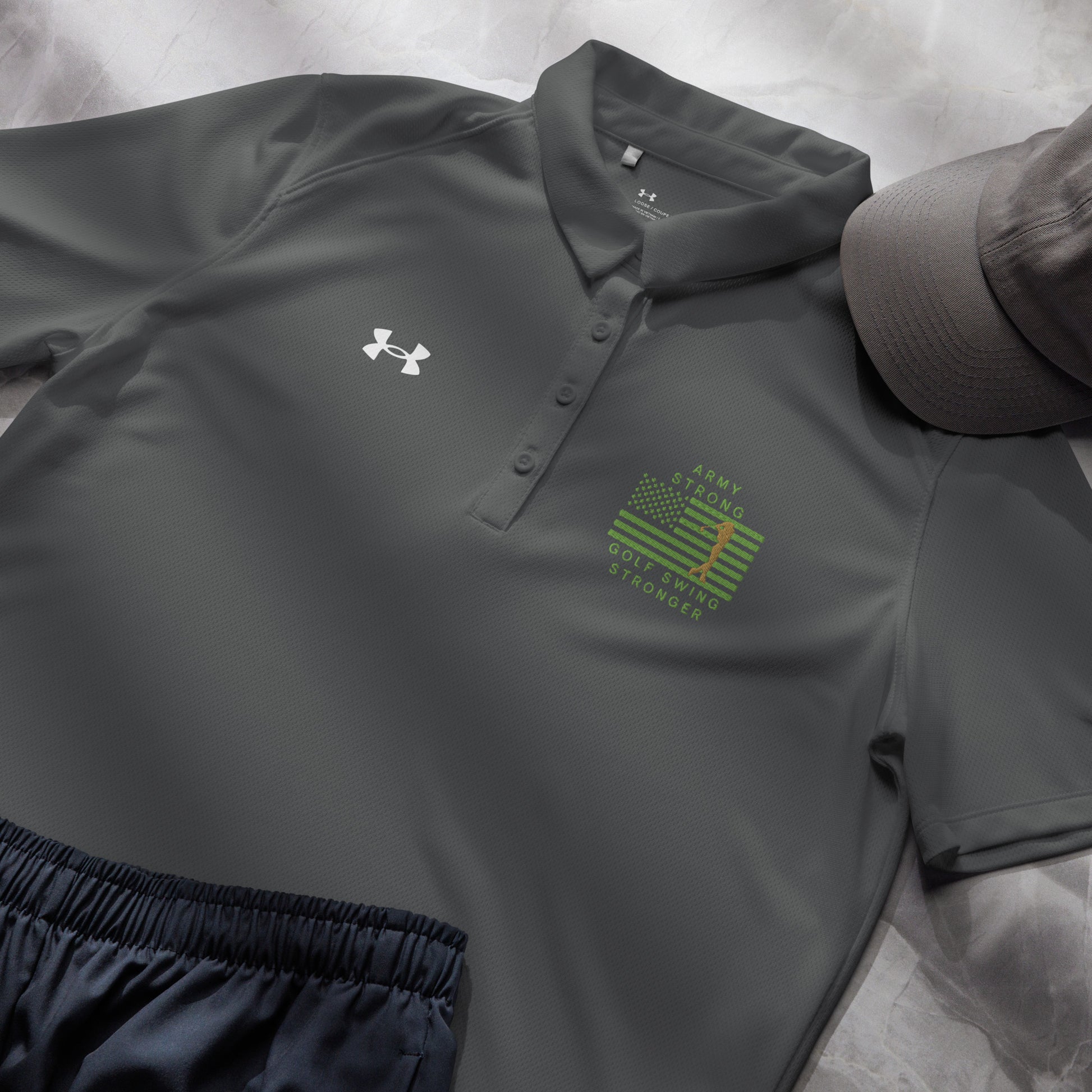 Grey ladies performance golf shirt with patriotic Army golfer chest graphic