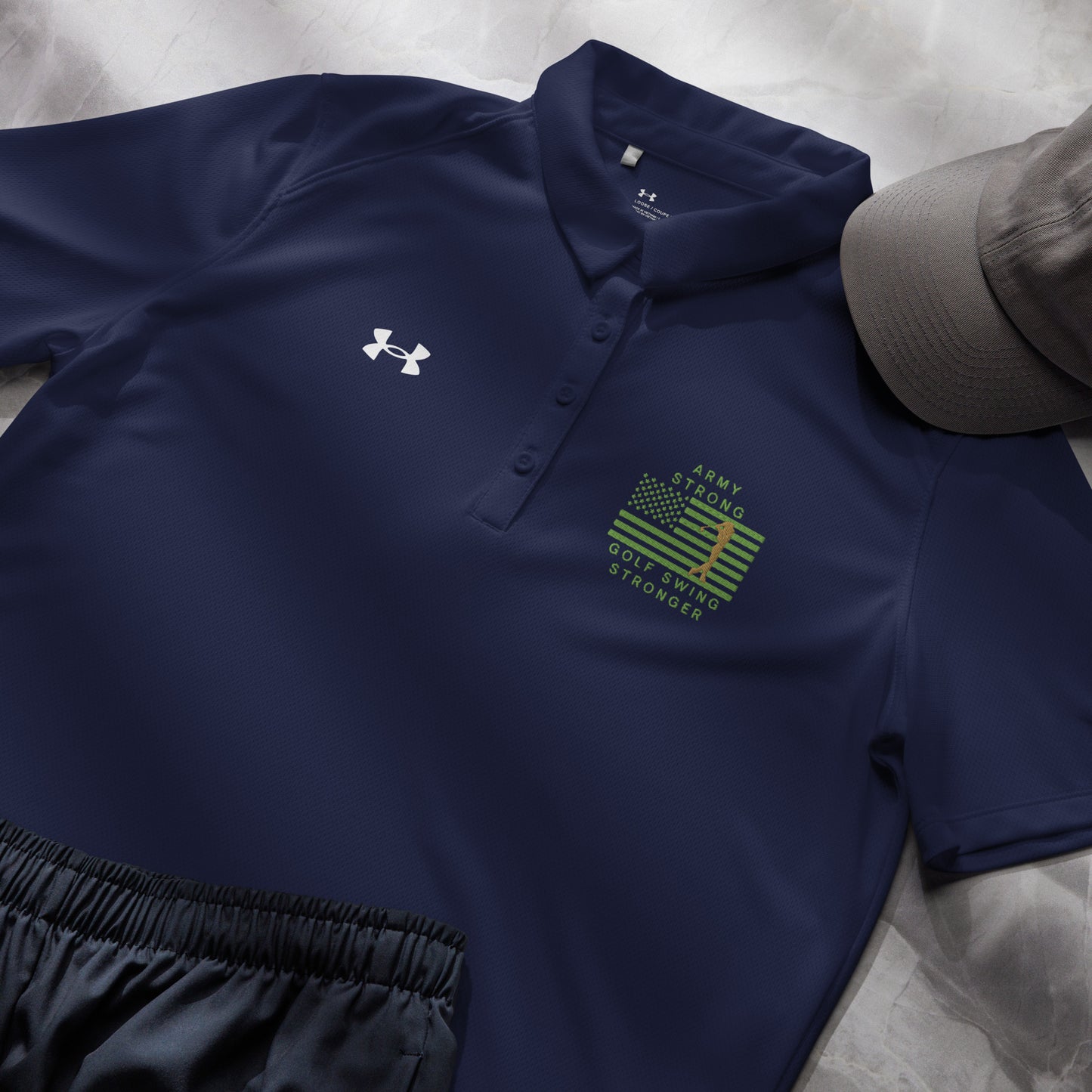 Navy ladies golf shirt with female golfer silhouette and patriotic flag artwork