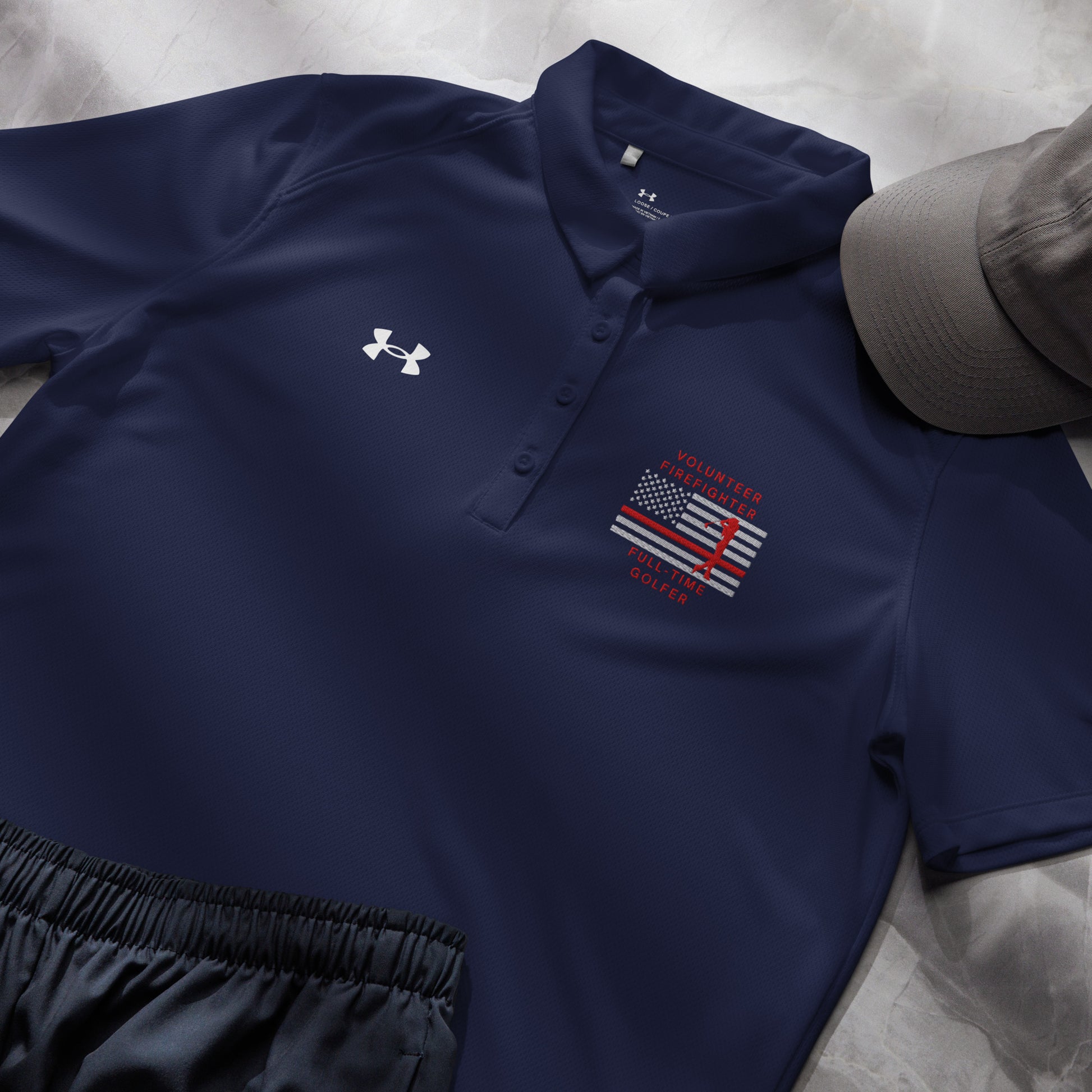 Women's navy relaxed fit polo volunteer firefighter golfer thin red line flag