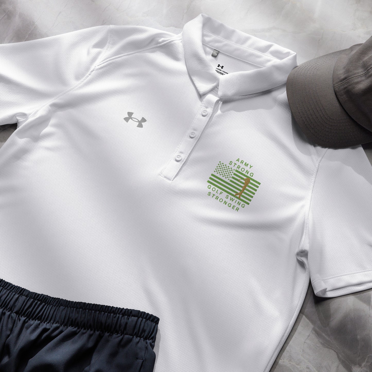 White women's Under Armour golf polo with Army Strong Golf Swing Stronger design