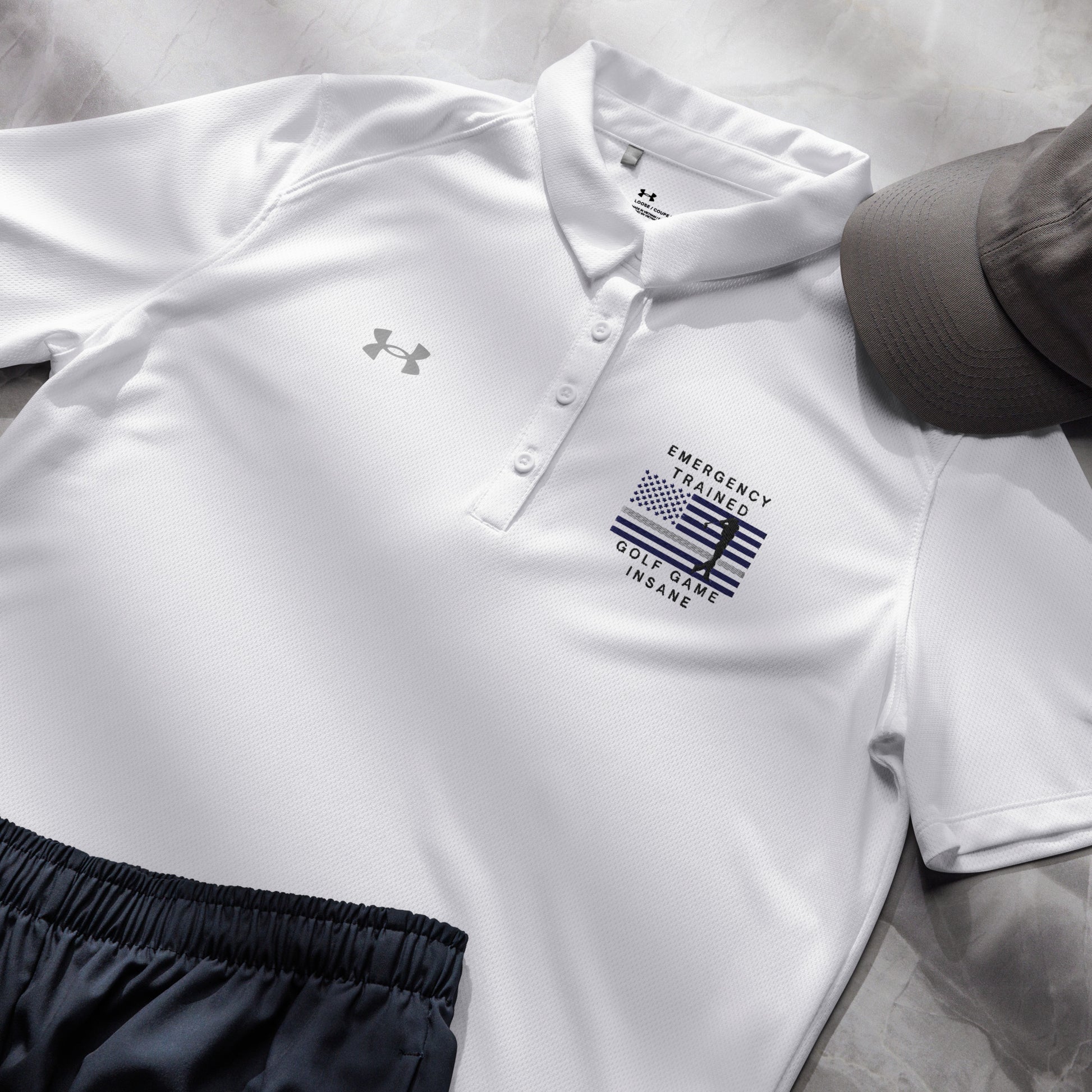White ladies golf polo with patriotic emergency medical golfer silhouette graphic